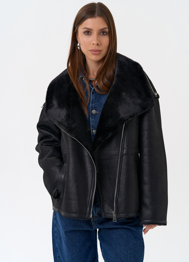 Женская дубленка из эко замши в черном цвете модель № 31433 универмаг малина