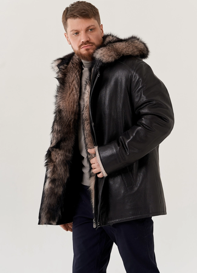 фото Мужская дубленка с капюшоном  модель № 79301