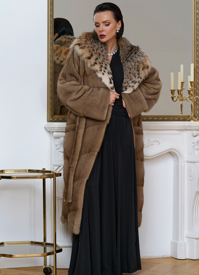 Женская шуба из меха норки с капюшоном из меха рыси модель № 31162 универмаг малина