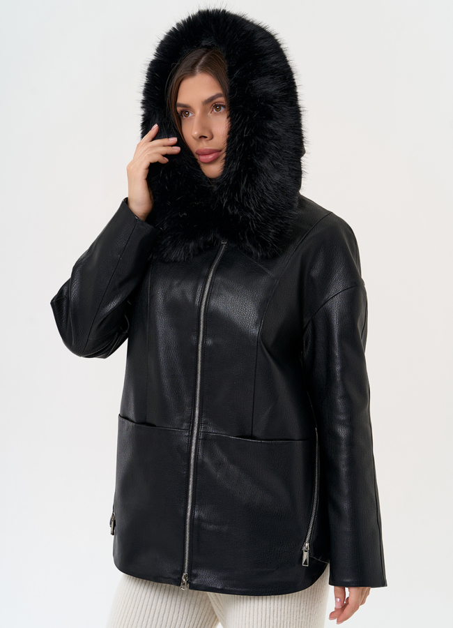 Женская утепленная куртка из эко кожи с капюшоном из эко меха модель № 31495 универмаг малина