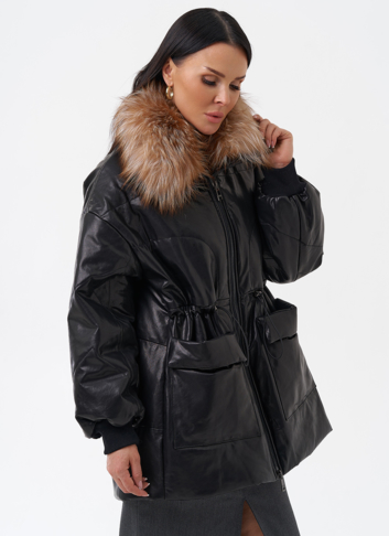Кожаный пуховик с мехом