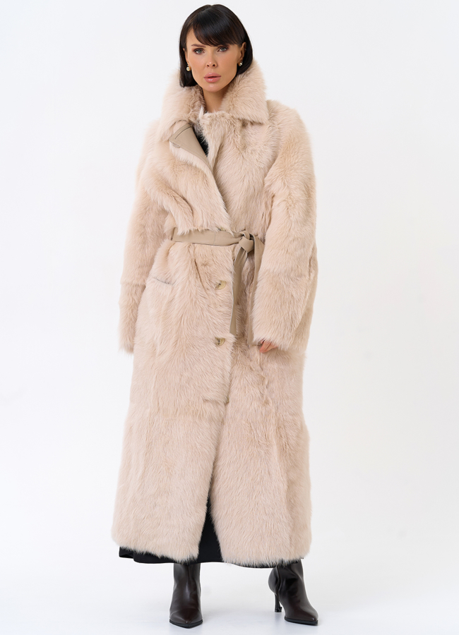 Женская двухсторонняя дубленка с поясом модель № 31929 меха малина