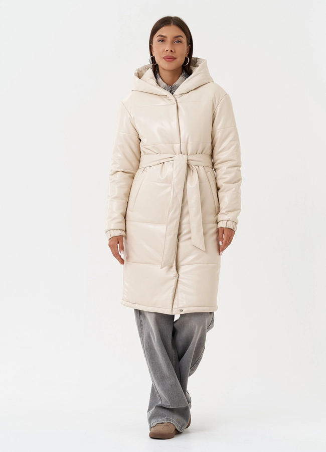 фото Пуховик из эко кожи с капюшоном модель № 27702