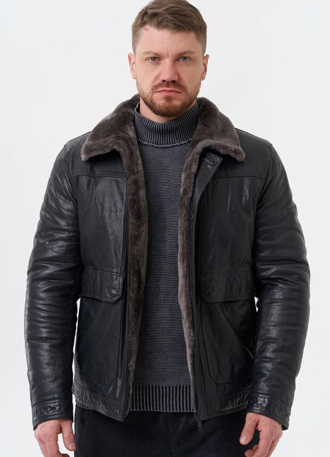 Куртка из натуральной кожи с отделкой из мутона модель № 28949 меха малина