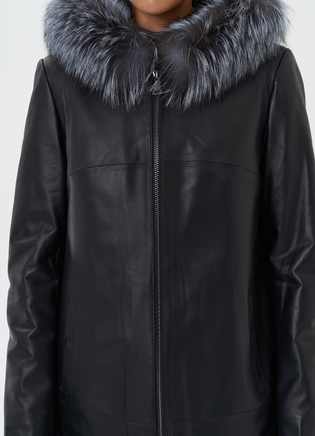 Утепленное полупальто из натуральной кожи с капюшоном  модель № 20201 универмаг малина