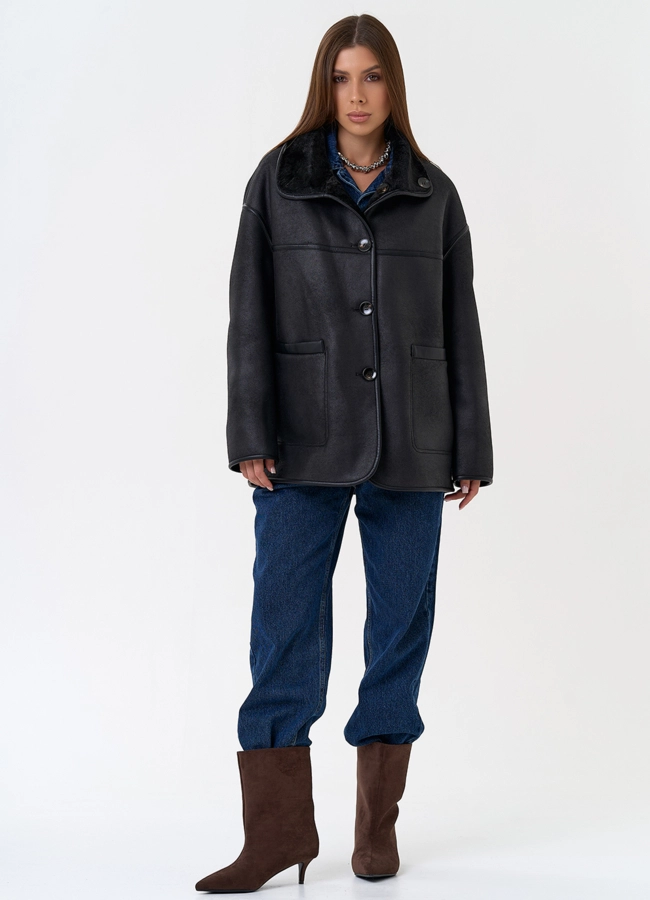 Женская двухсторонняя дубленка из эко замши в черном цвете модель № 31286 универмаг малина
