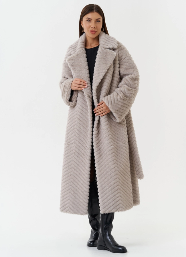 Женское пальто из эко меха с поясом модель № 28452 универмаг малина