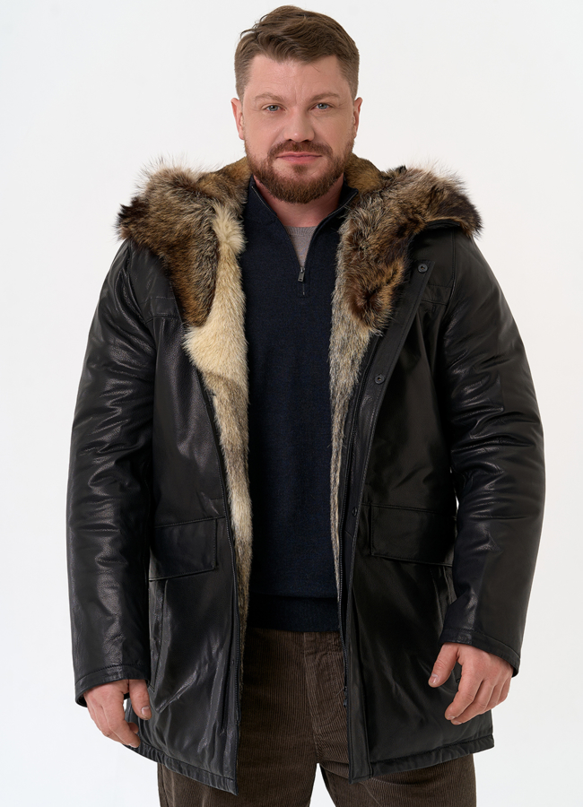 Мужская куртка с капюшоном на мехе из волка модель № 31780 меха малина