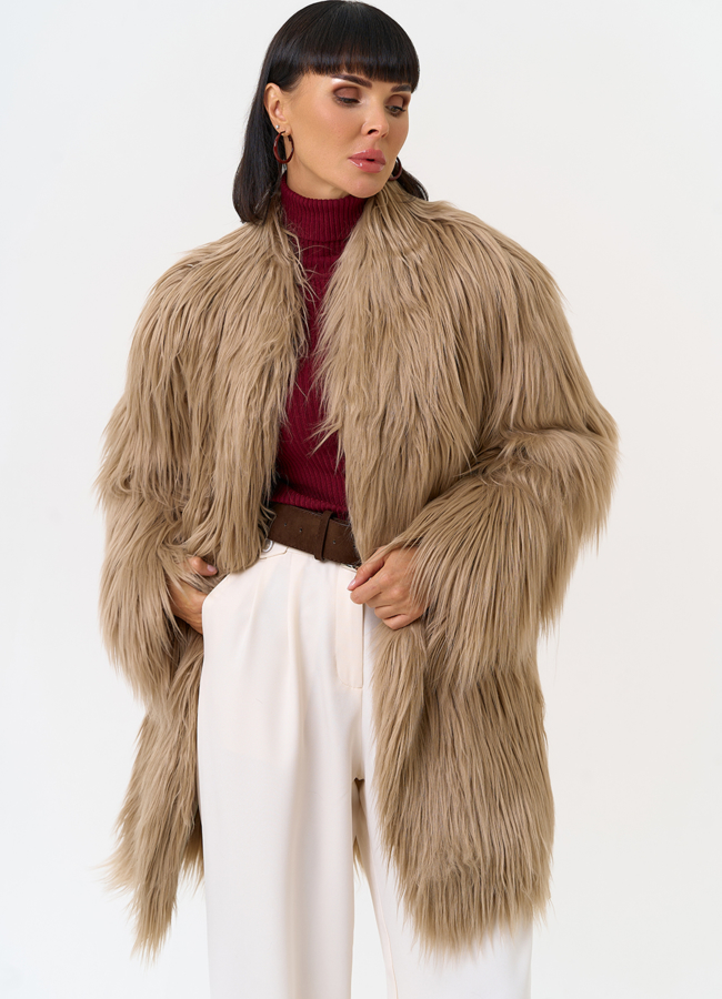 Женская шуба из эко меха с декоративным поясом модель № 31532 универмаг малина