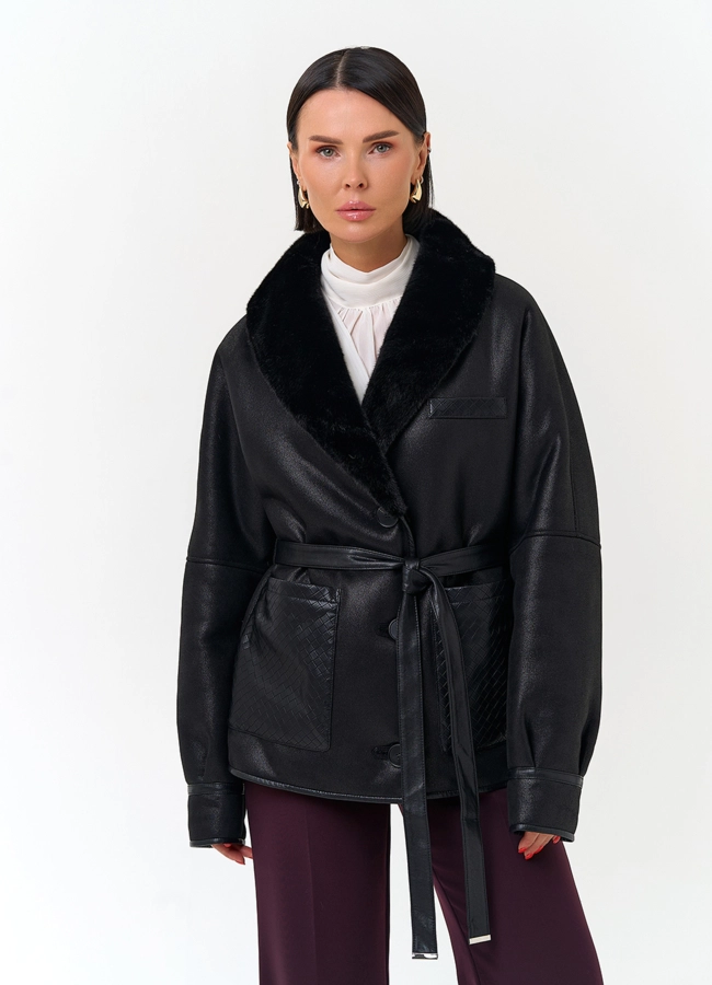 Женская дубленка из эко замши с поясом модель № 33898 меха малина