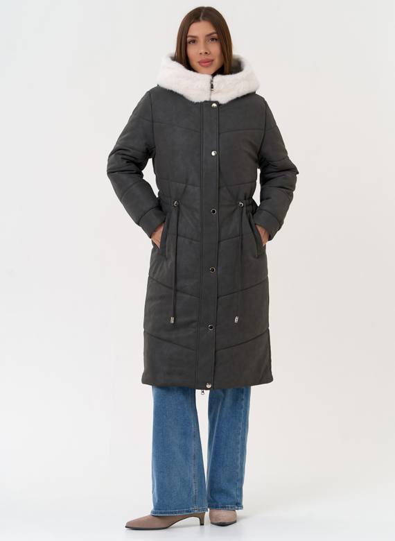 Женское пальто из эко кожи с капюшоном