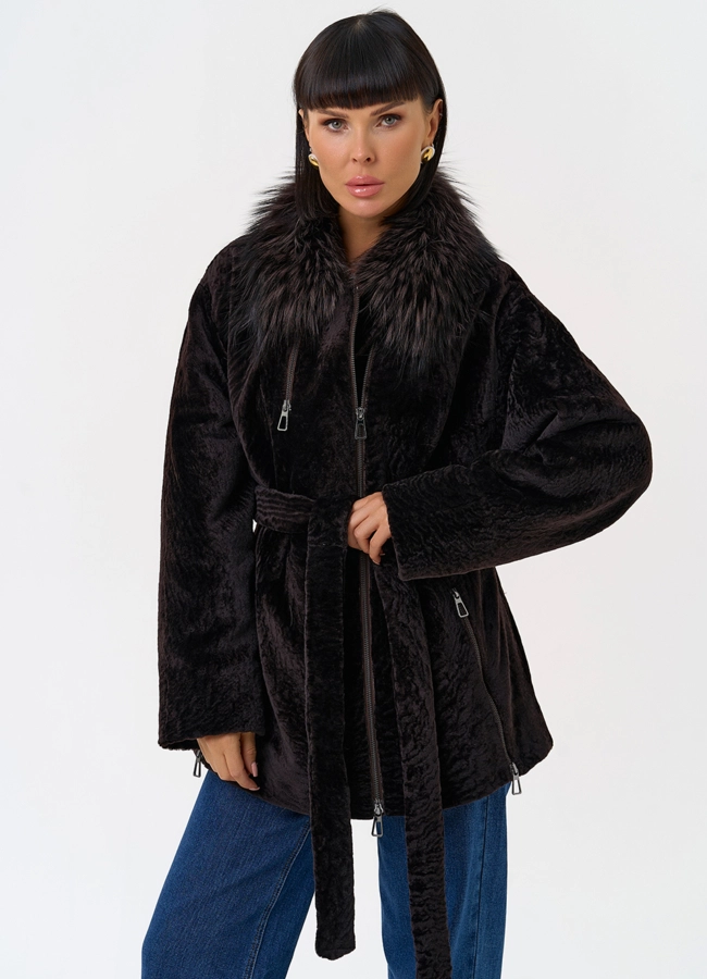Дубленка натуральная с воротником из меха лисы модель № 31624 универмаг малина