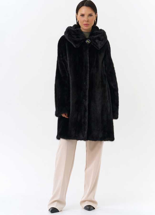 Шуба из норки с капюшоном черного цвета модель № 27662 в рассрочку