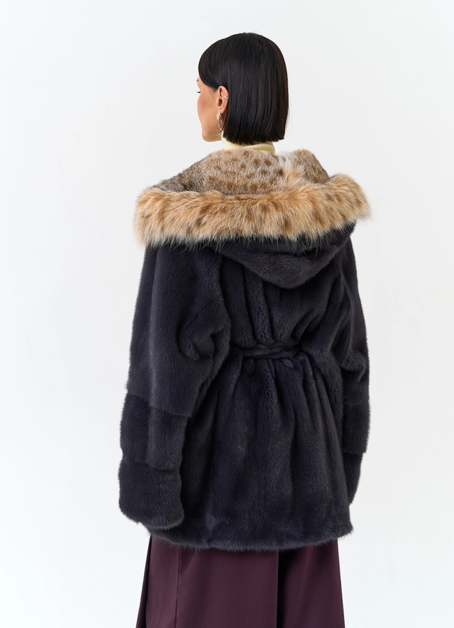 фото Женская шуба из меха норки с капюшоном из меха рыси модель № 31877 фото