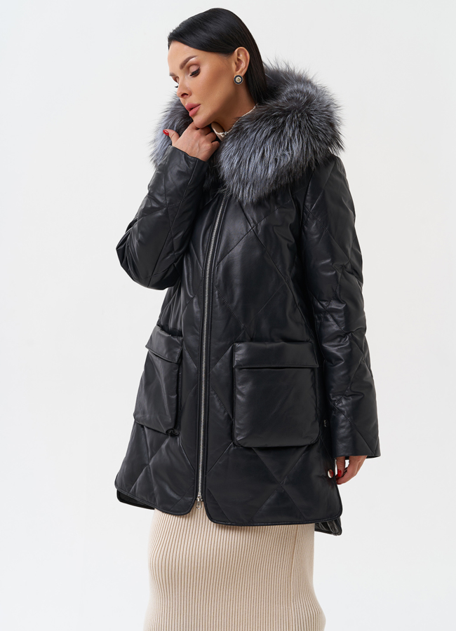 Женский кожаный пуховик с капюшоном модель № 28908 универмаг малина