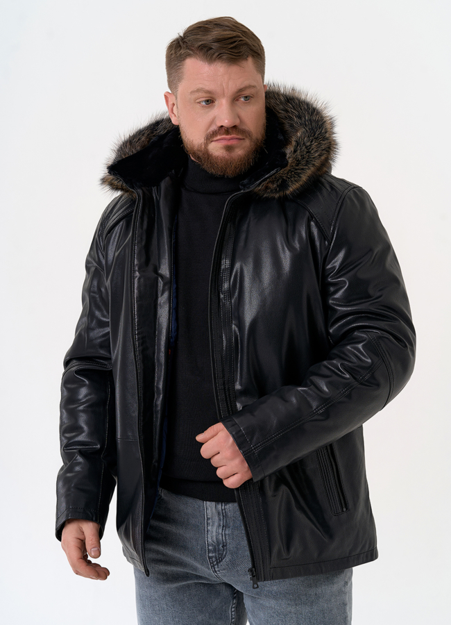 Пуховик из эко кожи с капюшоном из меха енота модель № 31719 универмаг малина