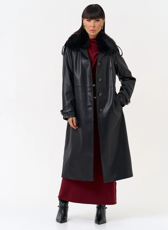 Женское утепленное пальто из экокожи с воротником из эко меха фото