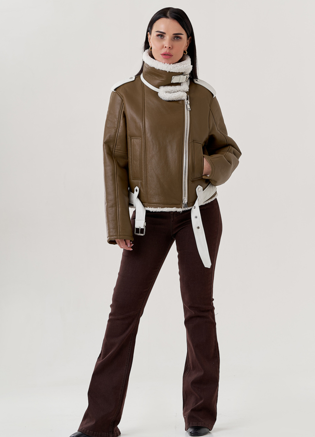 Женская дубленка пилот  модель № 79597 меха малина