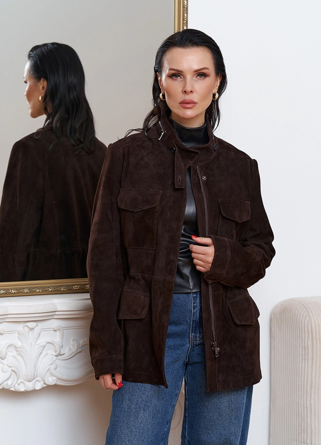 Замшевая куртка сафари модель № 29917 меха малина