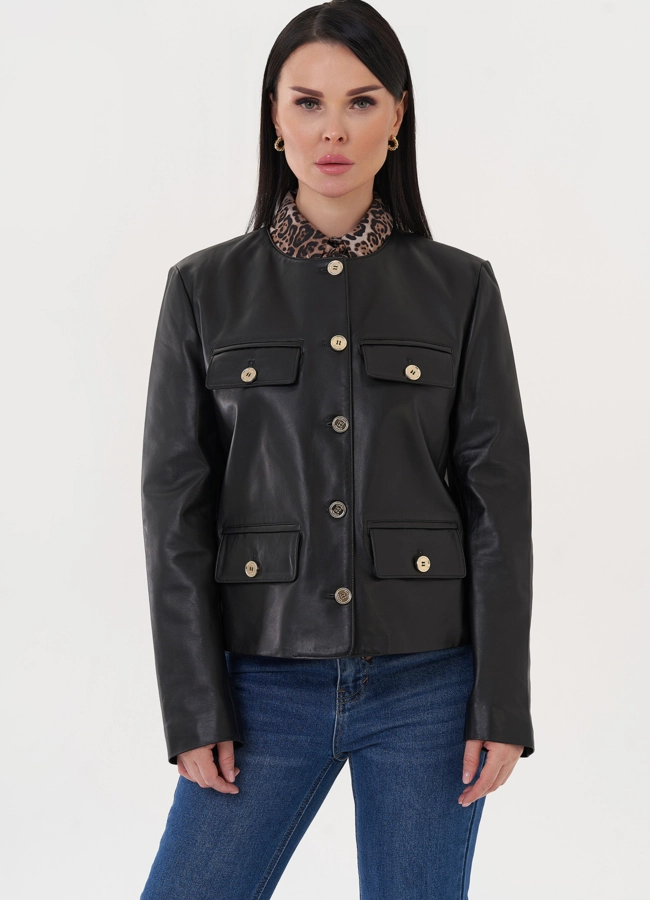 Жакет из натуральной кожи с акцентными пуговицами модель № 500120 универмаг малина