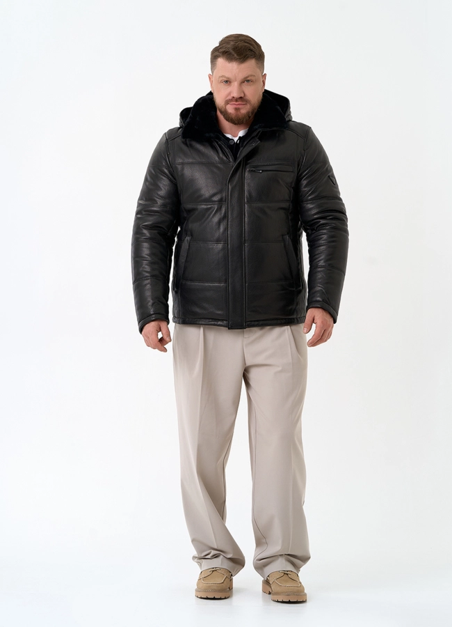 Мужской пуховик из натуральной кожи с капюшоном модель № 32048 в рассрочку