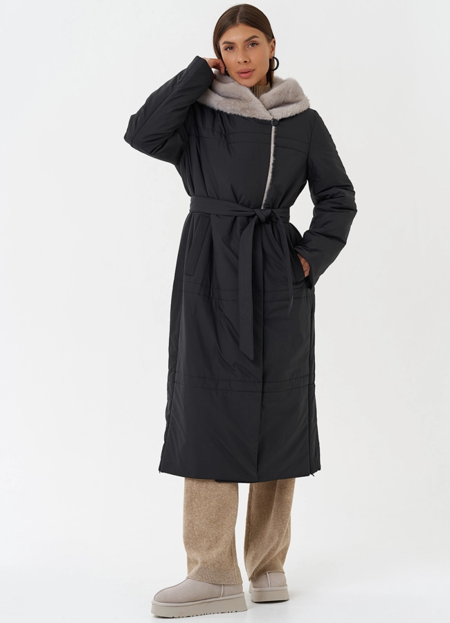 Пуховик с капюшоном из эко меха модель № 28839 меха малина
