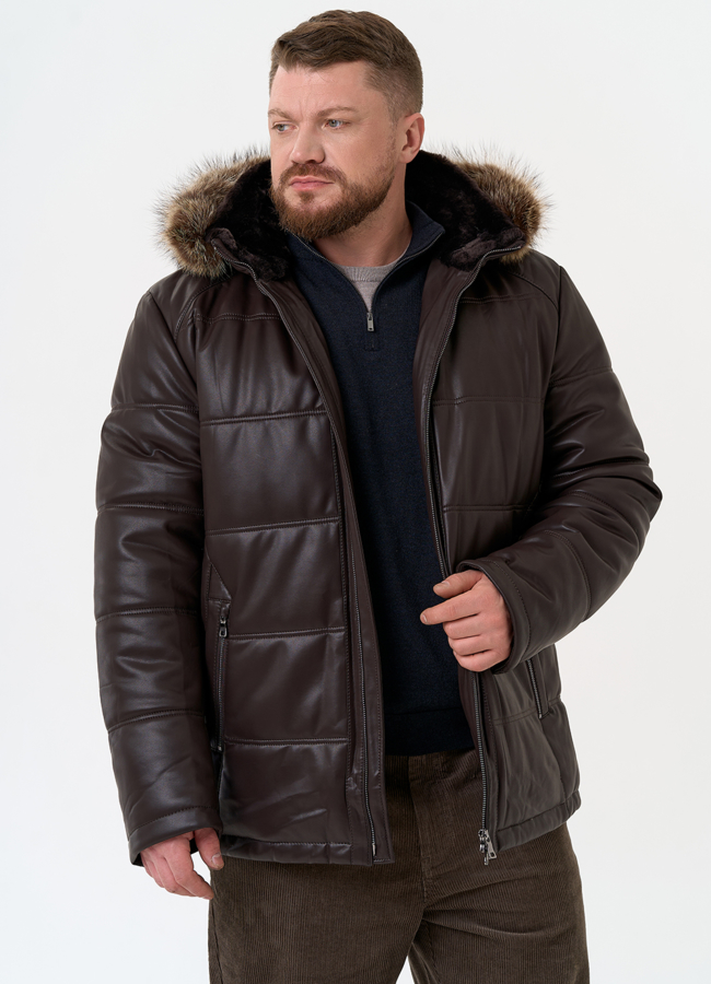 Пуховик из эко кожи с капюшоном из меха енота модель № 31721 универмаг малина