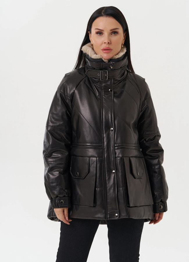 Пуховик из натуральной кожи с отделкой из меха кролика модель № 25381 универмаг малина