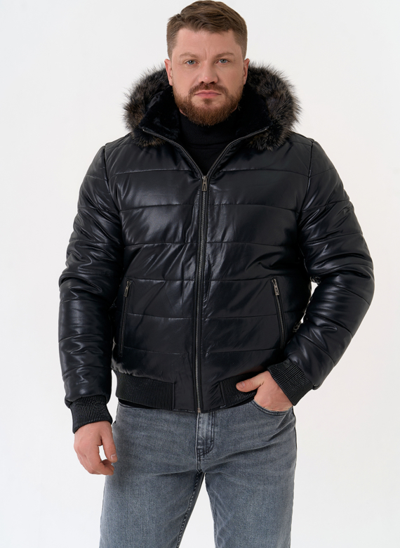 Пуховик из эко кожи черного цвета 