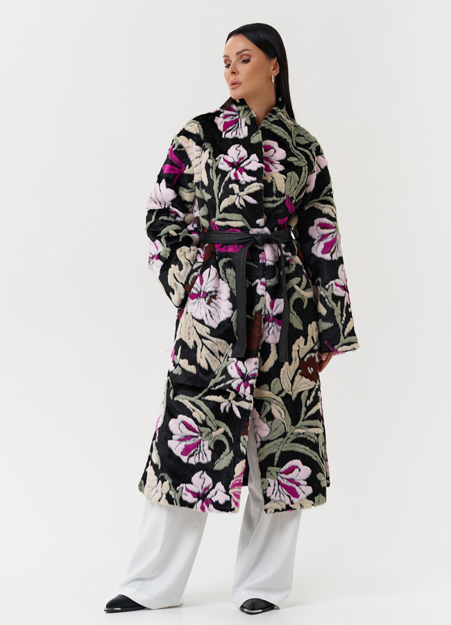 Пальто из эко меха с цветочным принтом модель № 28549 универмаг малина