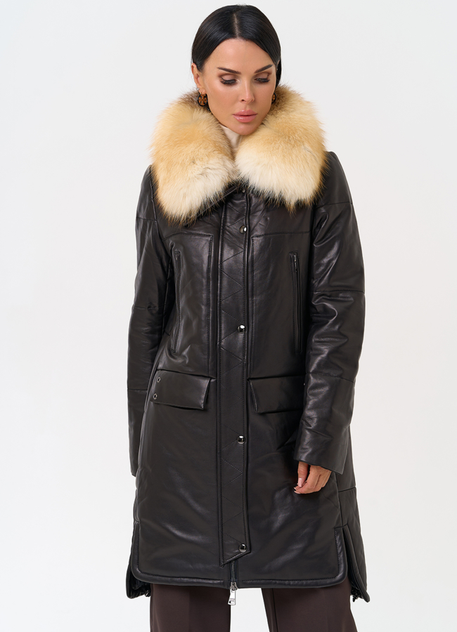 Кожаный пуховик с воротником из лисы модель № 19919 универмаг малина